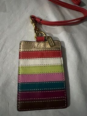 Coach Multicolor Stripe Leather Lanyard Card Holder